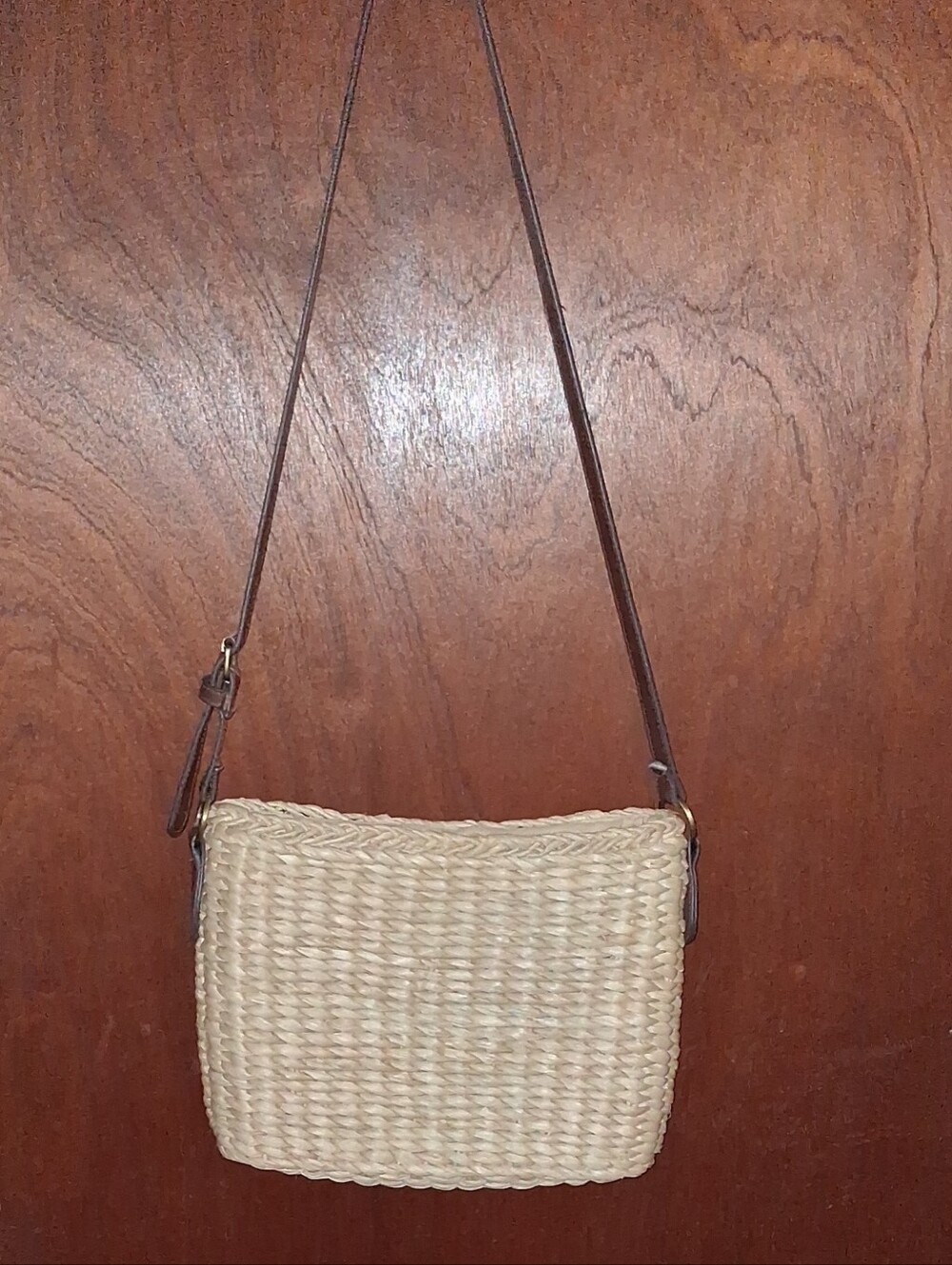 Straw Studios Natural Cream Woven Crossbody with Brown Strap